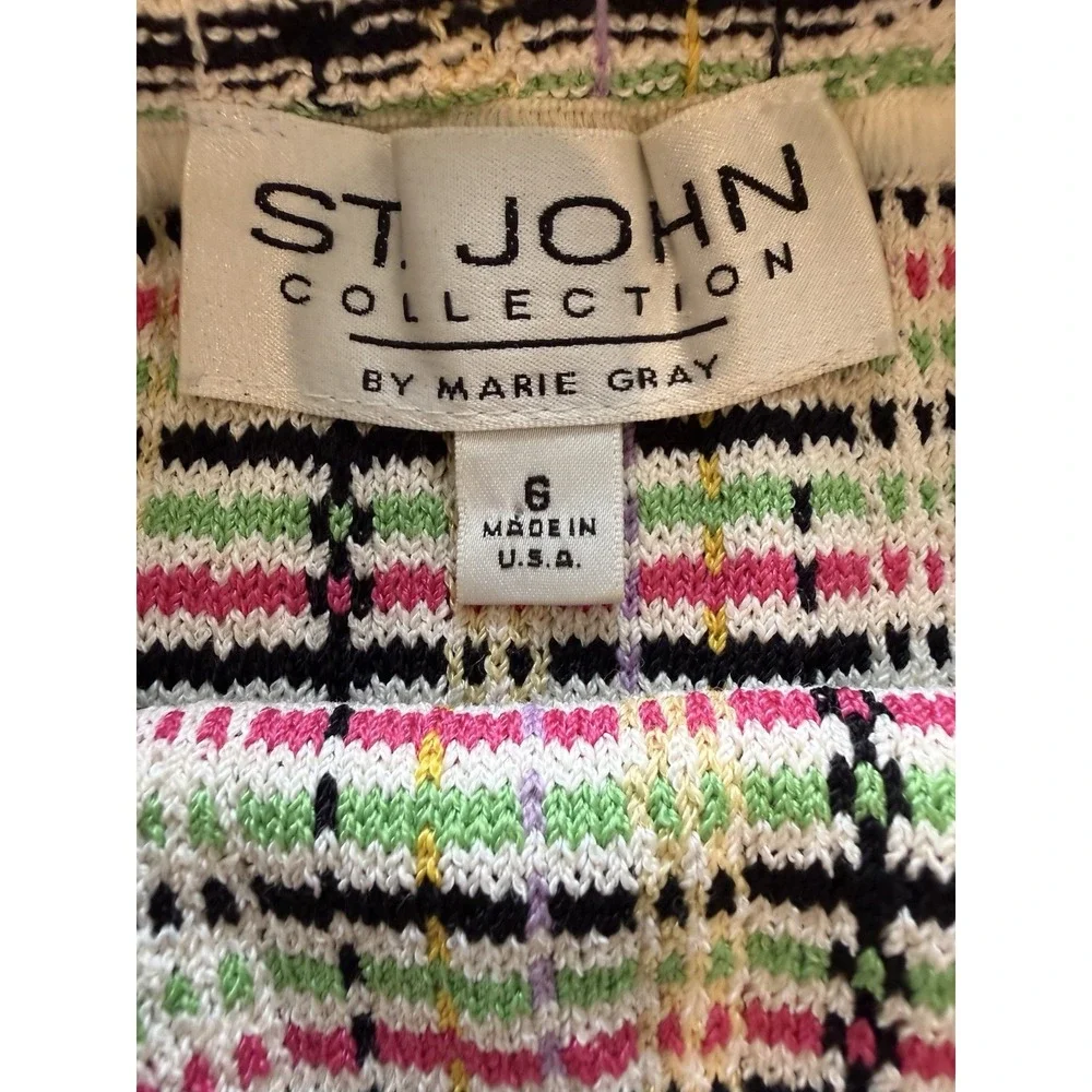 Vintage St. John Collection Knit Fringe Multicolor Plaid Jacket Skirt Suit Set - Picture 16 of 16